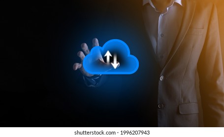 Businessman hold cloud icon.Cloud computing concept - connect smart phone to cloud. computing network information technologist with smart phone.Big data Concept