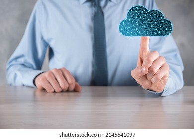 Businessman hold cloud icon.Cloud computing concept - connect smart phone to cloud. computing network information technologist with smart phone.Big data Concept.Low poly,polygonal.
