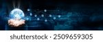 Businessman hold global supply chain management responsibilities with network connected to manufacturers and distributors. Technology enhances efficiency and resilience across the supply chain.