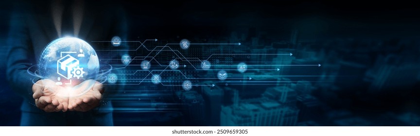 Businessman hold global supply chain management responsibilities with network connected to manufacturers and distributors. Technology enhances efficiency and resilience across the supply chain.