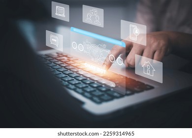 Businessman hold Laptop and touch Chat bot Chat with AI, Artificial Intelligence, System Artificial intelligence an artificial intelligence chatbot, Digital chatbot, Robot application, conversation  - Shutterstock ID 2259314965