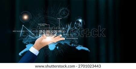 Businessman hold secure coding words and growth technology and data connection. Software security, code encryption, application protection, cyber defense.