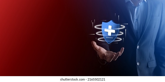 Businessman Hold Shield With Plus Low Polygonal Icon, Medicine Icon.Health Shield.Medical Logo Template,protection Symbol With Cross Sign,healthcare Security Label,Medical Logo,life Insurance Service.