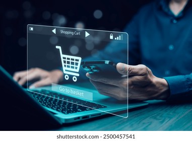 Businessman hold smartphone with online shopping concept, marketplace website with virtual interface of online Shopping cart part of the network, Online shopping business with selecting shopping cart.