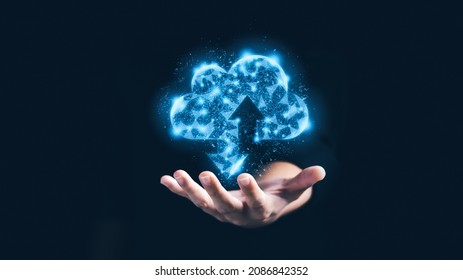 Businessman hold virtual cloud computing, data transfer and cloud computing, technology concept of the future.