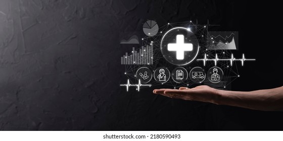 Businessman Hold Virtual Plus Medical Network Connection Icons. Covid-19 Pandemic Develop People Awareness And Spread Attention On Their Healthcare.Doctor,document,medicine,ambulance,patient Icon