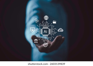 Businessman holding AI symbol and technology business icons, concept of artificial intelligence application in digital technology, modern technical changes.