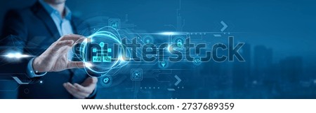 Businessman holding algorithm flow diagram in his hand. algorithm development, coding logic, data processing, software engineering, computer science concept
