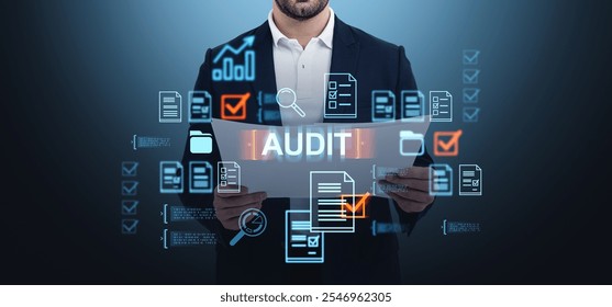 Businessman holding audit documents with digital overlays, showing a futuristic business concept on a dark gradient background - Powered by Shutterstock