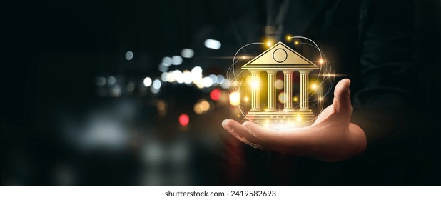 Businessman holding bank and technology with global network connection Facilitating the growth of the banking sector financial institution and businesses driven by technology with copy space