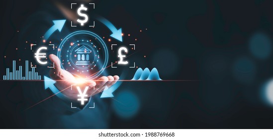 Businessman Holding Banking Icon With Currency Such As Dollar Yuan Pound And Euro , Currency Exchange And Forex Concept.