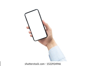 Businessman holding the black smartphone with blank screen isolated on white background with clipping path - Shutterstock ID 1522924946