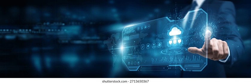 Businessman holding building of cloud computing infrastructure, virtualization SaaS PaaS storage deployment automation scalability networking access services reliability platforms.