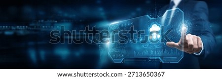 Businessman holding building of cloud computing infrastructure, virtualization SaaS PaaS storage deployment automation scalability networking access services reliability platforms.