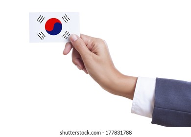 Businessman Holding A Business Card With South Korea Flag 