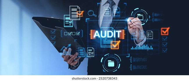 Businessman holding clipboard, digital audit icons overlay. Corporate attire, blue toned background. Concept of financial auditing and analysis - Powered by Shutterstock