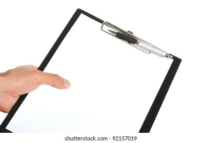 businessman holding a clipboard and write on it, isolated on white background
