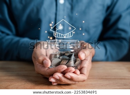 Businessman holding coin into jar with graduation cap and book icons. saving money for future education. Education fees and cost of college graduate. Tuition fees and total cost in education.