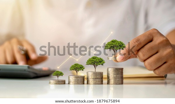A businessman holding a coin\
with a tree that grows and a tree that grows on a pile of money.\
The idea of maximizing the profit from the business\
investment.