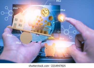 Businessman Holding Coins Putting AI Tech Concept Saving Money Finance Accounting Coin Piggy Saving Money Financial Concept AI UI Screen Technology Virtual World Idea Concept Money Dollar Technology 