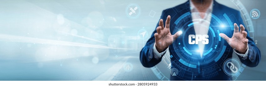 Businessman holding CPS interface with networking data, smart systems, IoT technology, industrial automation and digital control concept