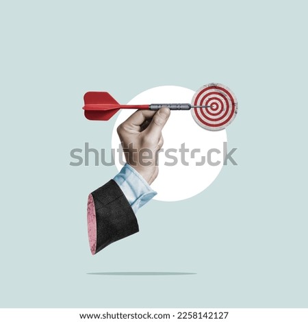 Businessman holding a dart aiming at the target - business targeting, aiming, focus concept. Art collage.