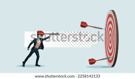 Businessman holding a dart aiming at the target - business targeting, aiming, focus concept. Art collage.