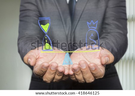 Businessman holding diagram with Scales in equal balance holding a clock left on the and money on the right.