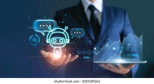 Businessman holding digital chatbot are assistant conversation for provide access to data growth of business in online network, Robot application and global connection, AI, Artificial intelligence.