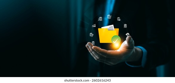 Businessman Holding Digital File Management System with Cloud Computing Technology, Showcasing Secure Data Storage, Online Collaboration, AI-Powered Document Organization for Remote Work Efficiency