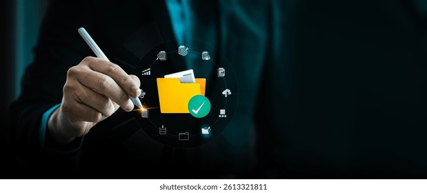 Businessman Holding Digital File Management System with Cloud Computing Technology, Showcasing Secure Data Storage, Online Collaboration, AI-Powered Document Organization for Remote Work Efficiency