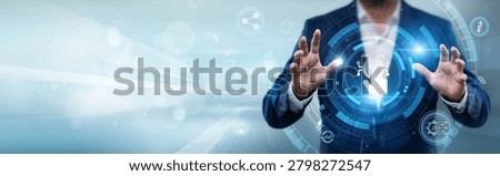 Businessman holding digitization interface with networking data, digital workflow, business process automation, document conversion and technology integration concept
