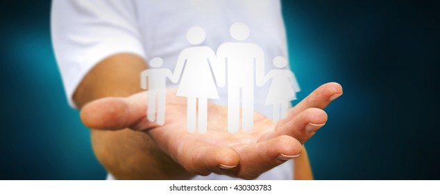 Businessman holding family icon in his hand '3D rendering' - Shutterstock ID 430303783