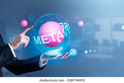 Businessman holding and finger touching sphere hologram with metaverse concept. Web connection lines and global network, office room on blurred background