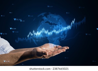 Businessman holding futuristic financial hologram on dark blue background - Powered by Shutterstock - Get 15% off with code: PIKWIZARD15