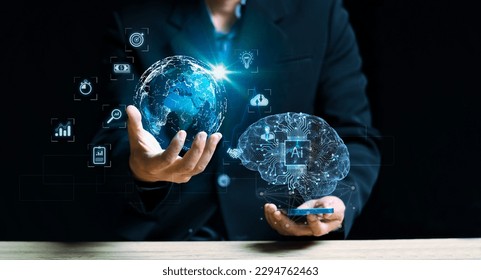 Businessman holding the global digital screen, digital layer effect, business strategy analytic concept, Big data, Cloud computing, Security computer network,data-driven organization.AI,