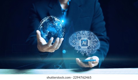 Businessman holding the global digital screen, digital layer effect, business strategy analytic concept, Big data, Cloud computing, Security computer network,data-driven organization.AI,