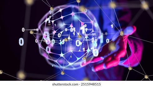 Businessman is holding a global network of binary code data, representing the concept of global communication