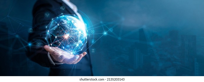 Businessman holding global network connection on social networking and customer data analytics, Business strategy and smart intelligence, digital marketing, Technology and global business. 
