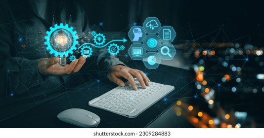 Businessman holding Global network connection. Process data driven insight to make wise decisions. Using artificial intelligence for big data analysis, driven decision making to improve efficiency.