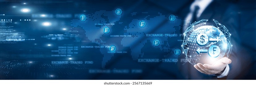 Hombre de negocios con conexión de red global en fondos cotizados en bolsa ETF y análisis de tendencias del mercado, estrategia de inversión y gestión de Carteras, evaluación de riesgos, tecnología, diversificación global.