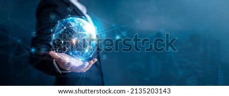 Businessman holding global network connection on social networking and customer data analytics, Business strategy and smart intelligence, digital marketing, Technology and global business. 