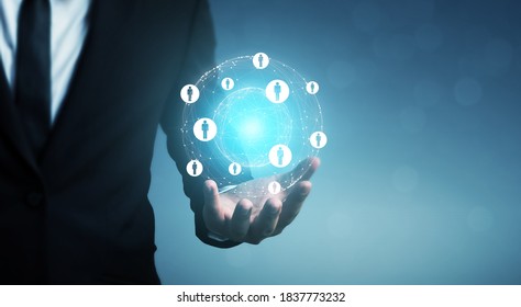 Businessman Holding Global Network And Data Customer Connection. Human Resources, Talent Management And Recruitment Business Concept