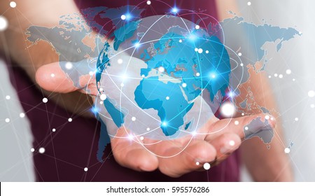Businessman holding global network and data exchanges over the world 3D rendering