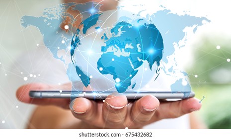 Businessman holding global network and data exchanges over his phone 3D rendering