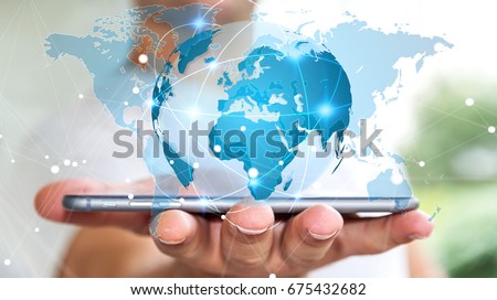 Businessman holding global network and data exchanges over his phone 3D rendering