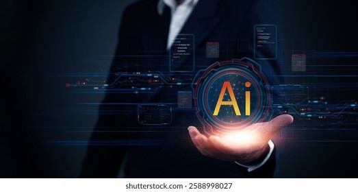 Businessman holding glowing AI hologram surrounded by digital interfaces and data streams. Concept of artificial intelligence innovation and futuristic machine learning technology solutions. - Powered by Shutterstock - Get 15% off with code: PIKWIZARD15