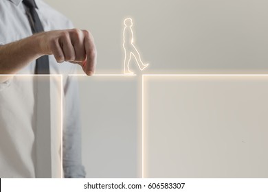 Businessman Holding Glowing Bridge Passage Line To Help Outlined Image Of Man Walk Across The Gap, Business Assistance Concept.