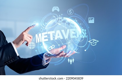 Businessman holding a glowing earth sphere hud with metaverse hologram, finger touching digital icons. Concept of big data and virtual world