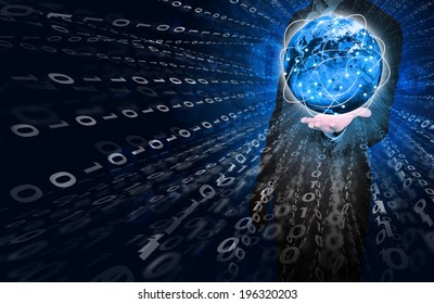 Businessman holding glowing figures and Earth. Elements of this image are furnished by NASA